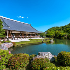 Garden with pond in front of Tenryu-ji Temple at Arashiyama, Kyoto, Japan