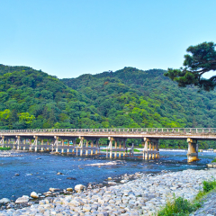 Kyoto Arashiyama Togetu Bridge crossing the Katsuragawa early morning