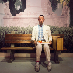 LOS ANGELES, USA - SEP 28, 2015: Tom Hanks as Forrest Gump in the  Madame Tussauds Hollywood wax museum. Marie Tussaud was born as Marie Grosholtz in 1761