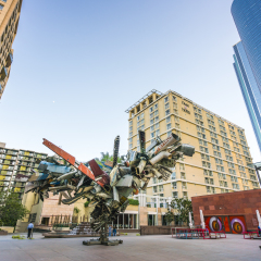 LOS ANGELES, CALIFORNIA - april-13-2016: Nancy Rubin's Chas' Stainless Steel sculpture, outside the Museum of Contemporary Art (MOCA). Made from used airplane parts with an expanse of 54 feet.