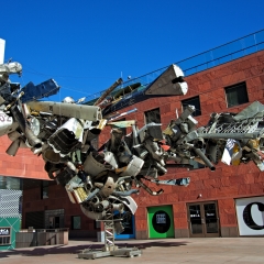 LOS ANGELES, CALIFORNIA - NOVEMBER 03, 2014: Nancy Rubin's Chas' Stainless Steel sculpture, outside the Museum of Contemporary Art (MOCA). Made from used airplane parts with an expanse of 54 feet.