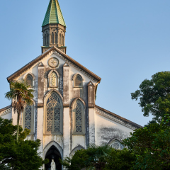 Roman Catholic Oura Church in Nagasaki, Japan, in sunset. 