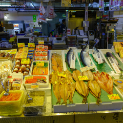 Hakodate, Japan - Oct 1, 2017. Salted fish and seafood for sale at Asaichi Morning Market in Hakodate, Hokkaido Island, Japan.