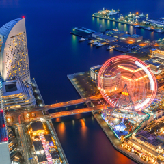Bird's eye view from Yokohama landmark showing the Yokohama Bay and Cosmo world, at the near end, the famous amusement park in Yokohama city/ Yokohama Bay/Yokohama Bay