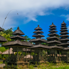 Meru towers at the main sanctum of the Royal Temple (Pura) of Taman Ayun in Bali, Indonesia.