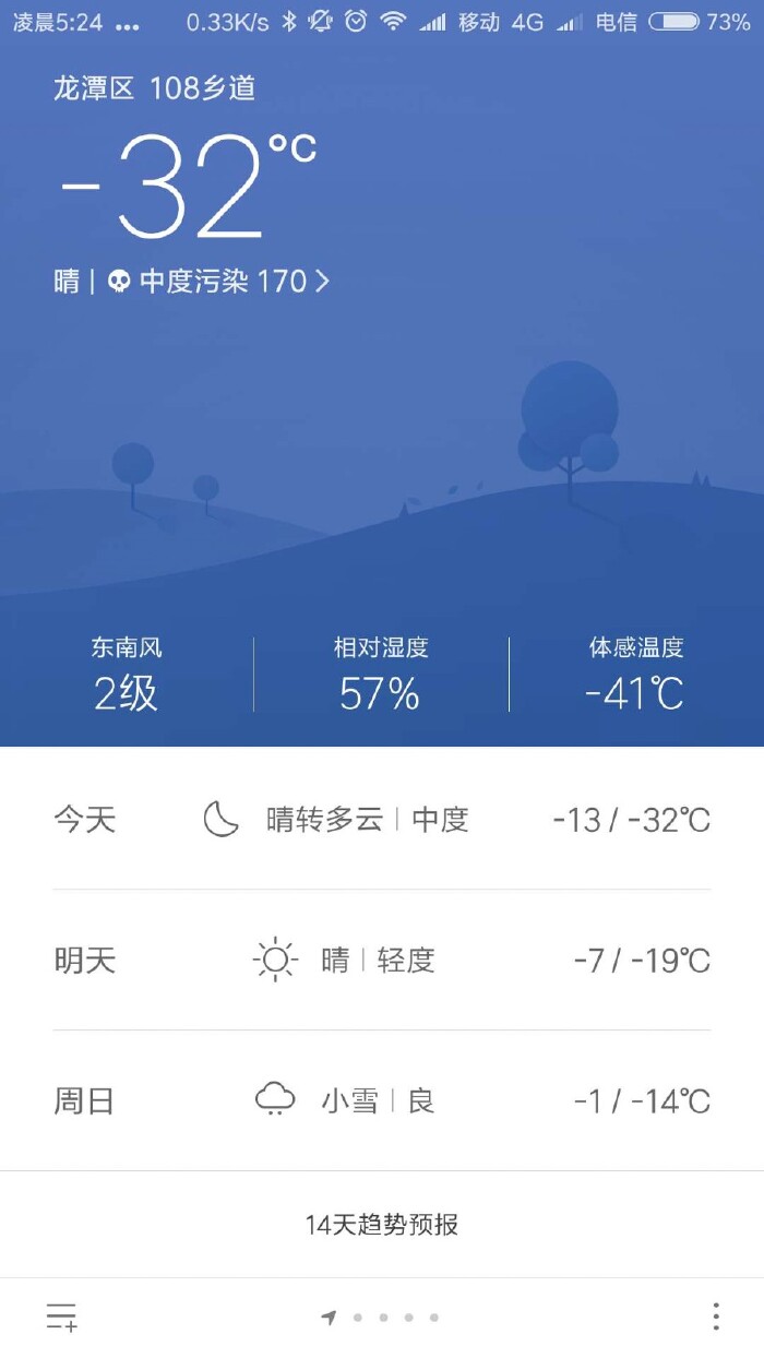 早上起床时的天气预报,体感温度零下41度,这种时候还能起床也是佩服