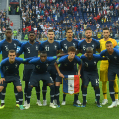 SAINT PETERSBURG, RUSSIA - July 10, 2018: France team posing for a photo during the FIFA 2018 World Cup. France is facing Belgium in the semi finals at Saint Petersburg Stadium.