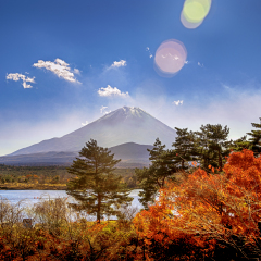 Japan landscape with Mount Fuji - Lake Shoji (Shojiko) and the famous volcano. Part of Fuji Five Lakes in Fuji-Hakone-Izu National Park