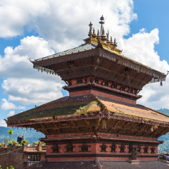 BHAKTAPUR, NEPAL - September 24, 2013: Taumadhi Square, one of the central places in the city Bhaktapur. Bhaktapur has the best preserved palace courtyards and old city center in Nepal.