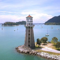 beautfiful lighthouse at Langkawi island,Malaysia on sunny day. aerial view from the drone.

