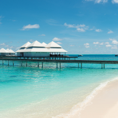 THUDUFUSHI, MALDIVES-MAY 6, 2017: Panorama of the water bungalows on the island