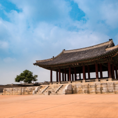 Suwon, South Korea - Yeonmudae in Hwaseong Fortress, Korea’s World Heritage. (Sign board text is "Yeonmudae" name of building)