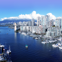View of false creek and the Burrard street bridge in Vancouver, Canada. 