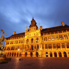 Antwerp (Anvers) city hall and statue from Grote Markt, Belgium (by night)