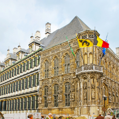 GHENT, BELGIUM - MAY 26, 2011: Town Hall (Stadhuis) boasts many facades from different sides - Gothic style facade faces the Hoogpoort and the Renaissance style - the Botermarkt, on May 26 in Ghent.