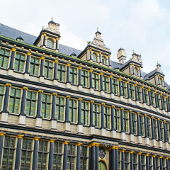 The Renaissance style facade of the Town Hall (Stadhuis) faces the  Botermarkt Square, Ghent, Belgium.
