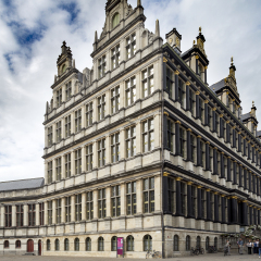 GHENT, BELGIUM - AUGUST 1, 2017: The Renaissance style facade of Ghent's town hall (Stadhuis). Town hall building.