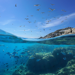 Seabirds flying in the sky and a shoal of fish with rocks underwater, split view above and below water surface, Mediterranean sea, Spain, Costa Brava, Catalonia