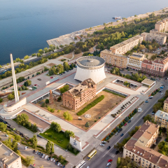 Russia, Volgograd - August 28, 2017: Museum-Reserve The Battle of Stalingrad is a museum complex in Volgograd. ( Gergardt Mill ( Grudinina ) and Panorama Museum  Battle of Stalingrad )