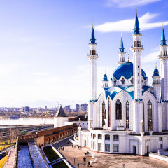 The Kol Sharif Mosque located in Kazan Kremlin, Kazan, The Republic of Tatarstan in Russia. One of the largest mosques in Russia. Kazan city panoramic view. The mosque serves as a museum. 