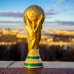 April 13, 2018 Moscow, Russia Trophy of the FIFA World Cup against the backdrop of the Luzhniki stadium in Moscow.