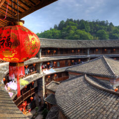 Red Chinese lantern in a Hakka Tulou traditional housing, Fujian