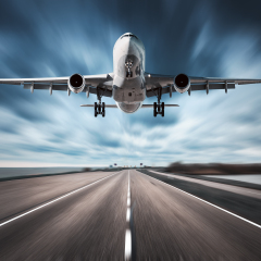 Airplane and road with motion blur effect. Landscape with white passenger airplane is flying in the cloudy sky over the asphalt road. Blurred. Passenger airplane is landing. Commercial plane. Aircraft