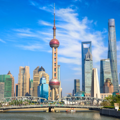 Shanghai skyline with historical Waibaidu bridge, China