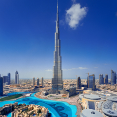 DOWNTOWN DUBAI, UAE - MAY 7 - A skyline view Dubai Mall, Dubai Fountain and the Burj Khalifa, the tallest skyscraper in the world, at 829.8 m.   on May 7, 2010.