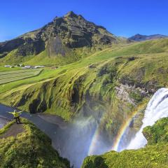 Beautiful and famous Skogafoss waterfall. South of Iceland. Landscape of Skogafoss waterfall