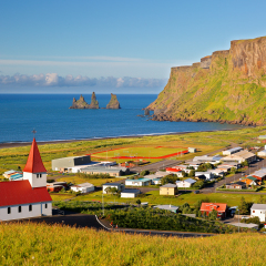 Beautiful Red Church on a Mountain Top at Vik, Iceland.