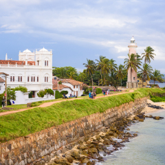 Galle Fort, Sri Lanka. View on the walls, lightower and the mosque of sea fortress in Galle (Galle Fort) in south of Sri Lanka.