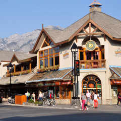 BANFF, ALBERTA - SEPT 24: Banff Avenue shops on September 24, 2012 in Banff National Park, Alberta, Canada. Banff Avenue is the central shopping district in the town of Banff.