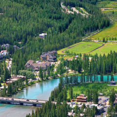 View of Bow river valley in the Banff town center. Observation point at a distance. Canadian Rocky Mountains.Banff national park. Alberta, Canada. 