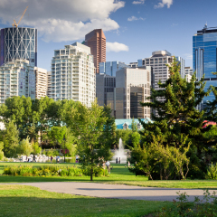 Beautiful sunny summer day in Calgary Downtown. Beautiful view of downtown of the biggest Alberta city - Calgary. Image taken from Prince's Island park with it's fountains and mature trees.