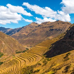 Inca agriculture terraces near the city of Pisac located in the Andes mountain range and the Urubamba sacred valley, Peru.