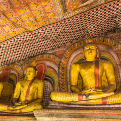 Statues of Buddha in the ancient Dambulla Cave Temple in Sri Lanka.