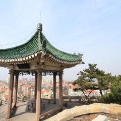 pavilion of Little Fish Hill of Qingdao overlooking the cityscape, China 