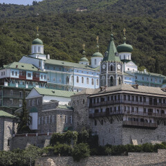 St Panteleimon orthodox monastery in Agion Oros. Mount Athos, Greece - 17 July 2015