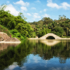 A small bridge on a lake inside the botanical garden near the Nanputuo Temple in Xiamen