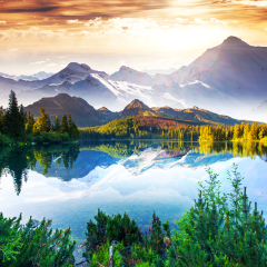 Fantastic sunny day is in mountain lake. Creative collage. Beauty world.