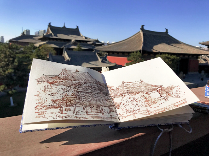 华严寺写生的钢笔线稿