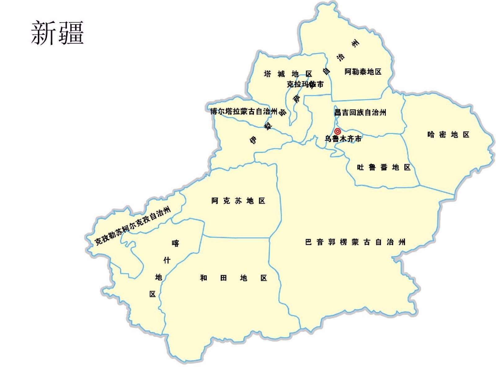 新疆行政图,标示出哈密在新疆的方位和大致面积 哈密地区地域辽阔