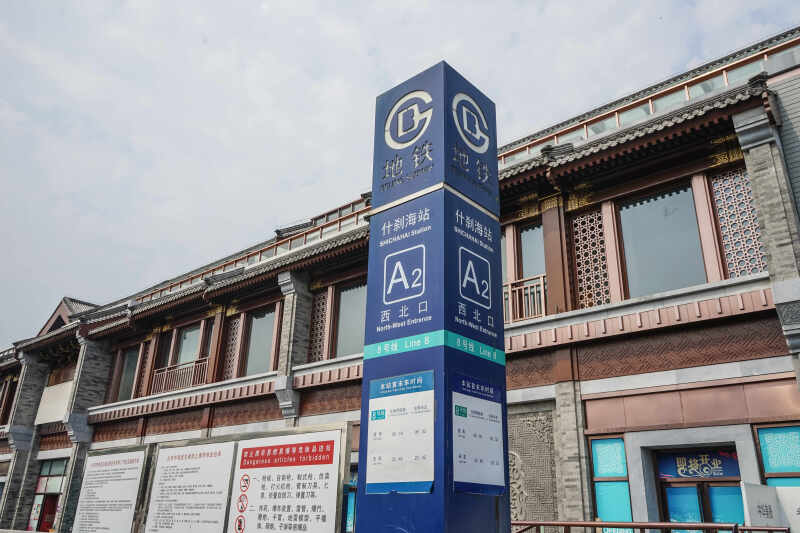 地铁8号线什刹海站a2口出,直行就是鼓楼