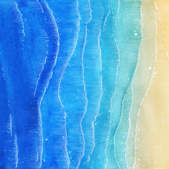 watercolor texture with blue sea and sand beach. view from above. illustration for cards, posters or other design