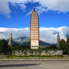 The Three Pagodas in Dali, Yunnan province, China. The Three Pagodas are located in Chongsheng Monastery and one of the largest Buddhist centers in south-east Asia