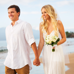 Just married couple on walking on the beach at sunset, Hawaii Beach Wedding