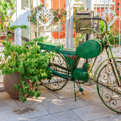 Gulangyu Island, China - September 14, 2013: Ornate bicycle and potted plant on the streets of Gulangyu Island