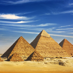 Egypt. Cairo - Giza. General view of pyramids from the Giza Plateau (three pyramids known as Queens' Pyramids on front side; next in order from left: the Pyramid of Menkaure, Khafre and Chufu