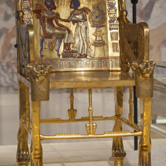 BRATISLAVA, SLOVAKIA - DECEMBER 14: Tutankhamun's Gold Throne at the Tutankhamun exhibition on December 14, 2014 in Bratislava
